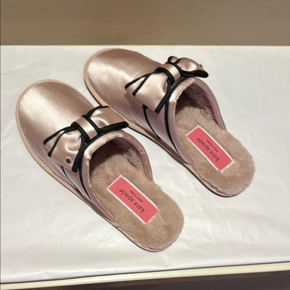NWOT Kate Spade Pink and Black Slippers with Bow Detail and Faux Fur - Picture 11 of 14